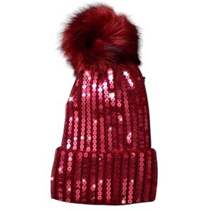 Burgundy Sequin Pom Pom Beanie ❤️
